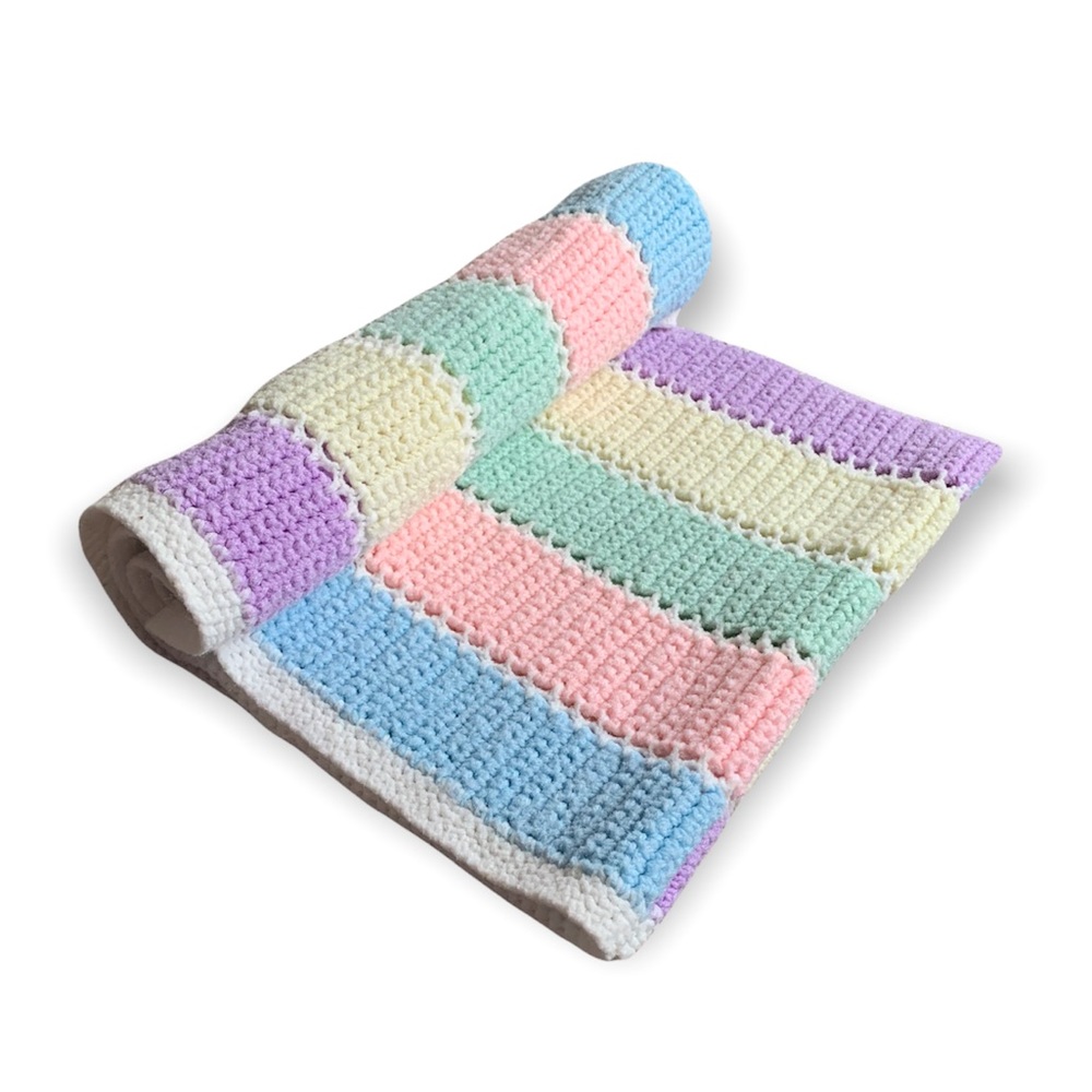 VTG Handmade Baby Blanket Striped Pastel Rainbow Knit Crocheted Vintage Afghan